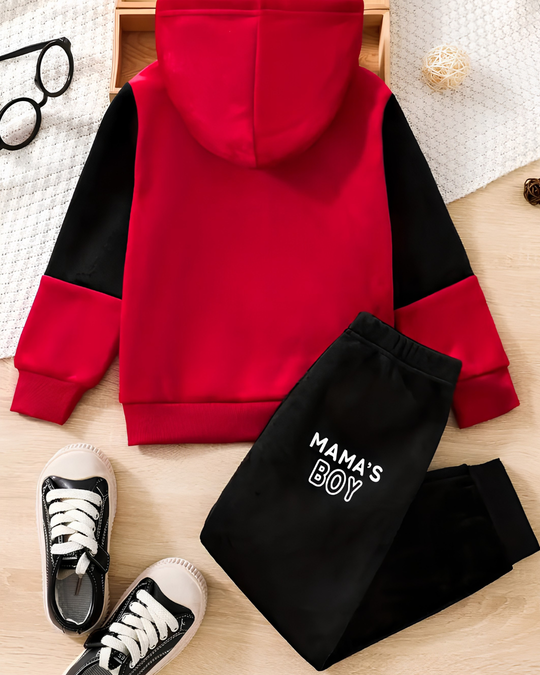 Back view of red and black boys fleece hoodie tracksuit
