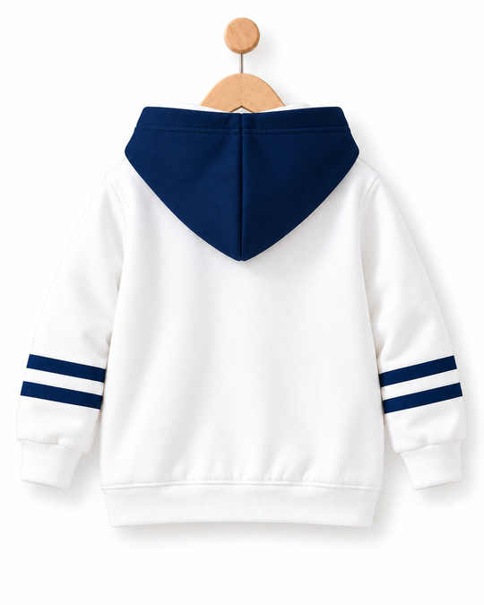 Back view of white kids hoodie with navy blue hood and double sleeve stripes by Mini Wear.