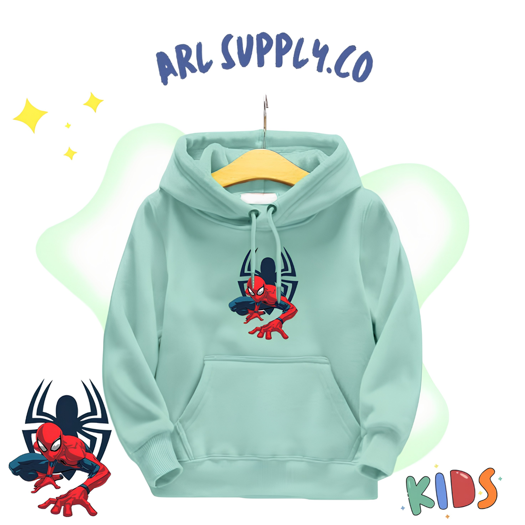 A mint green kids' hoodie featuring a Spider-Man graphic on the chest, hanging on a wooden hanger against a white background with decorative graphic elements and text overlays.