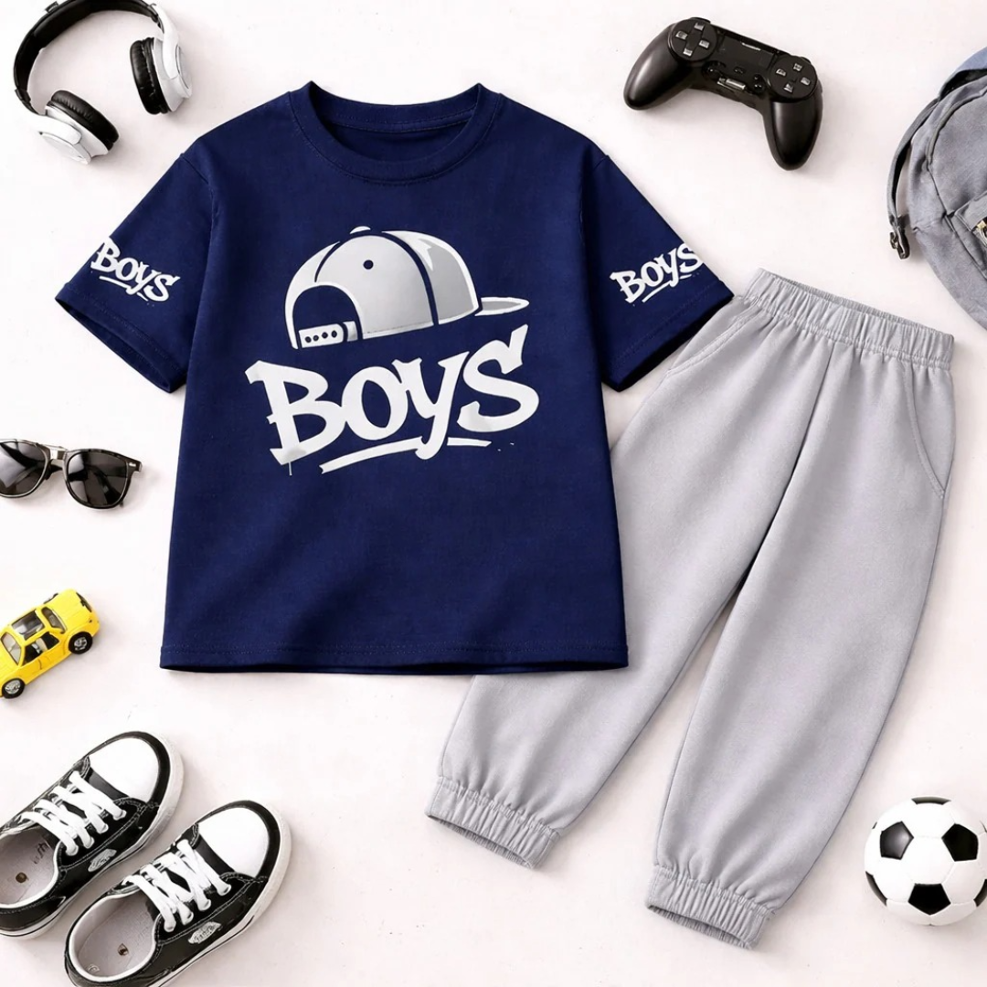 Young Explorer Co-Ord Set for Boys – Navy Blue Graphic T-Shirt with Grey Trouser | Kids Summer Outfit by Mini Wear
